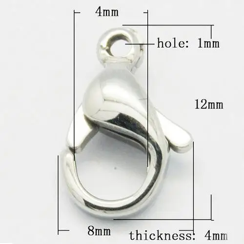 304 Stainless Steel Lobster Claw Clasps, Grade A, Size: about 12mm long, 8mm wide, 4mm thick, hole: 1mm, inner diameter:4mm
304 Stainless Steel Lobster Claw Clasps, Grade A, Size: about 12mm long, 8mm wide, 4mm thick, hole: 1mm, inner diameter:4mm