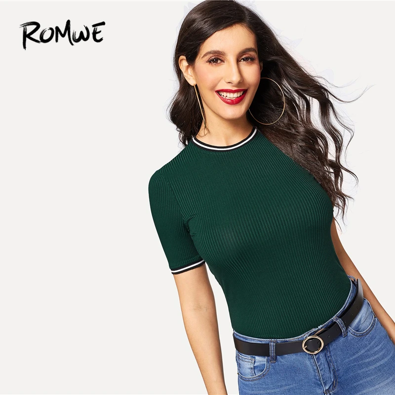 ROMWE Rib Knit Striped Ringer Tee 2019 Green Glamorous Round Neck T Shirt Women Stylish Summer Short Sleeve Slim Fit Tee
ROMWE Rib Knit Striped Ringer Tee 2019 Green Glamorous Round Neck T Shirt Women Stylish Summer Short Sleeve Slim Fit Tee