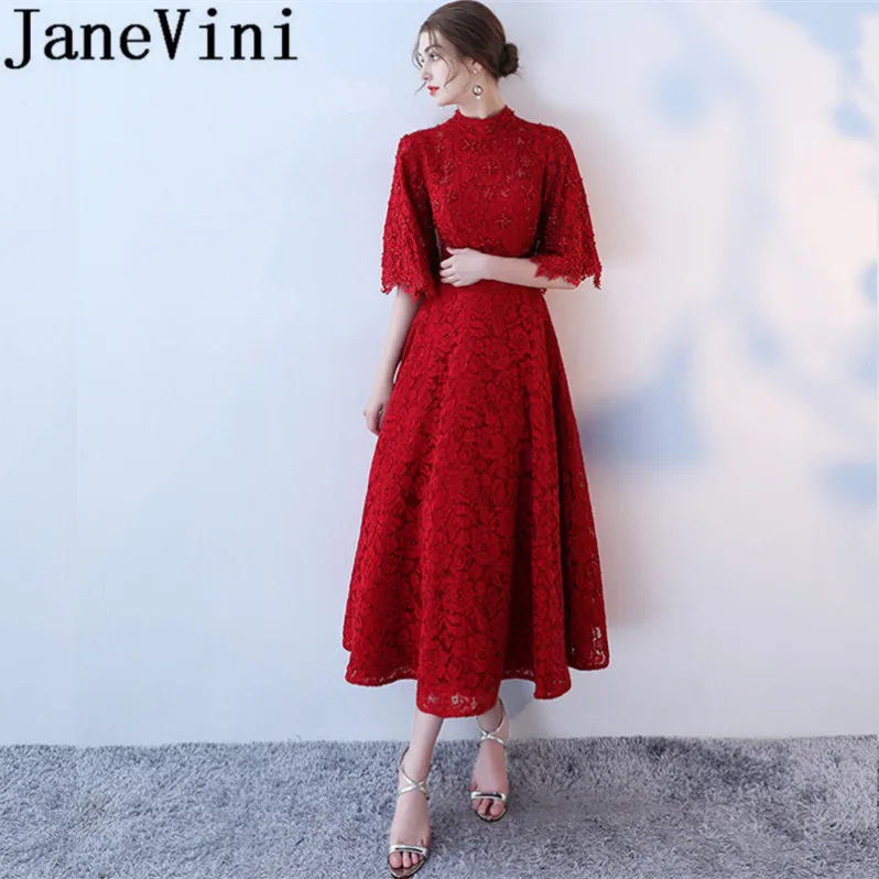 JaneVini 2018 Burgundy Lace Vintage Long Bridesmaid Dresses with Beaded High Neck 1/2 Long Sleeves Ankle Length Prom Party Gowns
JaneVini 2018 Burgundy Lace Vintage Long Bridesmaid Dresses with Beaded High Neck 1/2 Long Sleeves Ankle Length Prom Party Gowns
