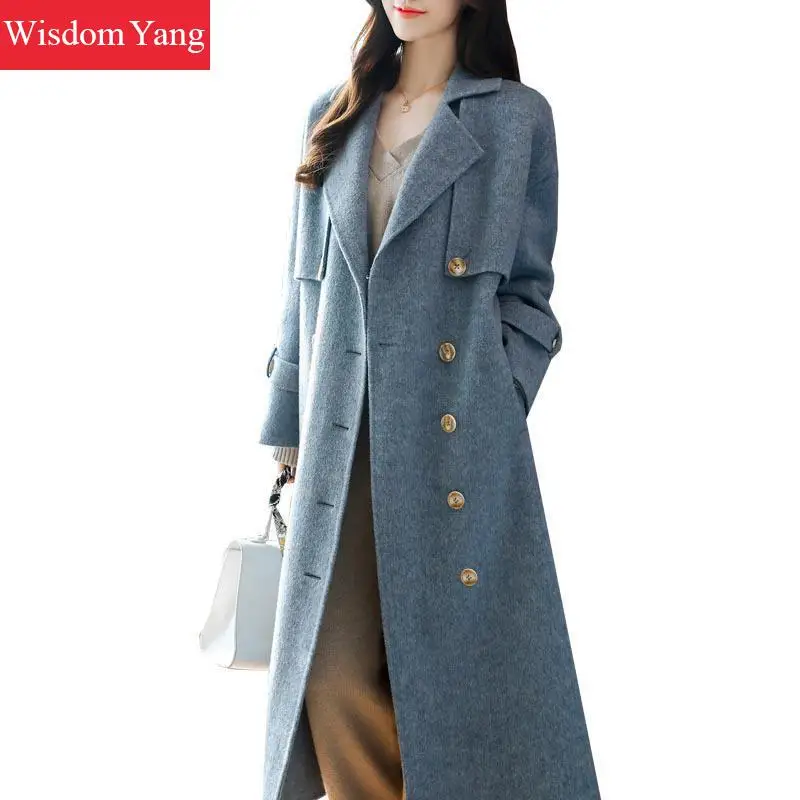 

Elegant Winter Coat Blue Sheep Wool Casual Korean Coats Xlong Women Female Button Woolen Overcoat Pockets Slim Lady Outerwear