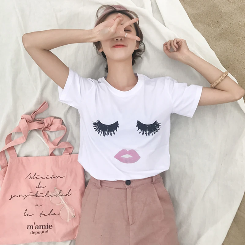 BANvTx20 Women T Shirt Eyelashes Red Lips Printed Loose Female Tee Tops Summer Short Sleeve White Women Tshirts
BANvTx20 Women T Shirt Eyelashes Red Lips Printed Loose Female Tee Tops Summer Short Sleeve White Women Tshirts