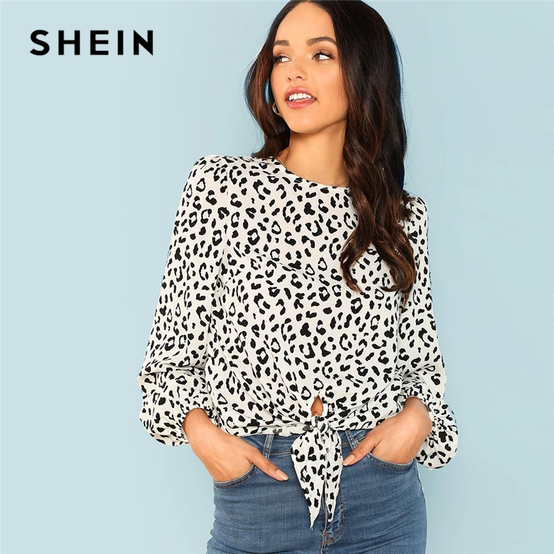 

SHEIN Black And White Casual Leopard Button Keyhole Back Knot Hem Pullovers Blouse Autumn Office Lady Women Tops And Blouses