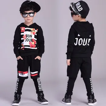 

2016 Kids clothing set spring Autumn kids suits Strip Black False two Hip Hop harem pants & Hooded sweatshirt twinset