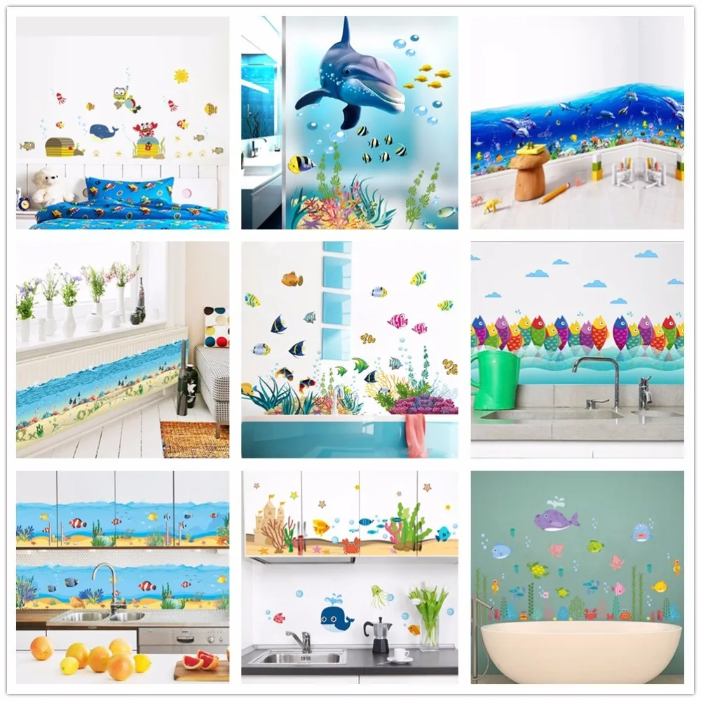 

& Underwater World Wall Stickers Fish Shark Dolphin Marine Wall Art Decals Kindergarten Nursery Kitchen kids Bathroom Decoration