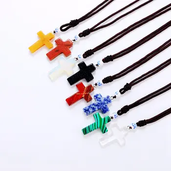 

Natural Stone Cross Necklace Pendant Amber Agate Lapis Lazuli Turquoise Opal Aventurine Jade Chakra Rock Necklace Chain Quartz