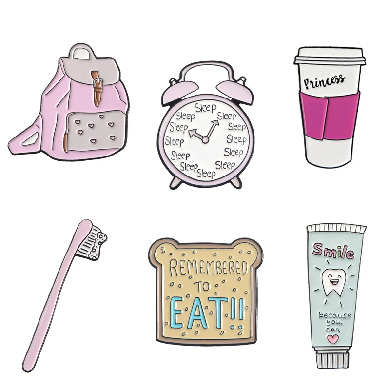 Фото Student’s morning Enamel pins Alarm clock Toothbrush Toothpaste Toast bread Travel cup Bag Pins Button Brooch Metal Badge Gift | Украшения