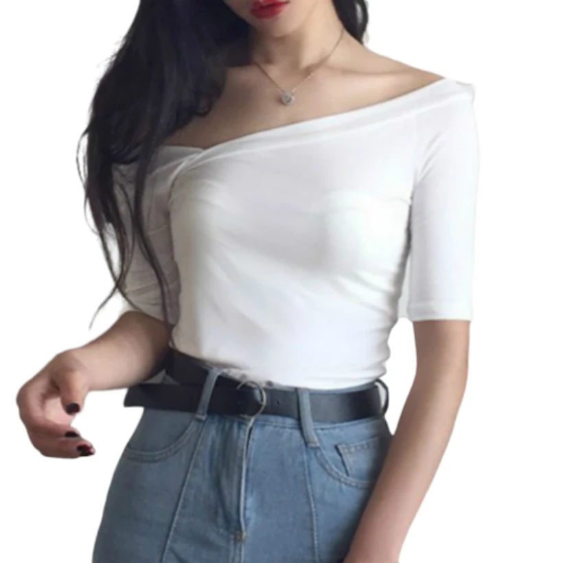 Women Sexy V Neck Skew Neckline Strapless T Shirt Japanese Harajuku Style Black White Highstreet Skinny T-Shirt Tee Tops
Women Sexy V Neck Skew Neckline Strapless T Shirt Japanese Harajuku Style Black White Highstreet Skinny T-Shirt Tee Tops