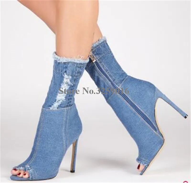 Women Sexy Fashion Peep Toe Stiletto Heel Denim Short Boots Slim Bandage Blue Jean Ankle Booties Motorcycle Boots
Women Sexy Fashion Peep Toe Stiletto Heel Denim Short Boots Slim Bandage Blue Jean Ankle Booties Motorcycle Boots