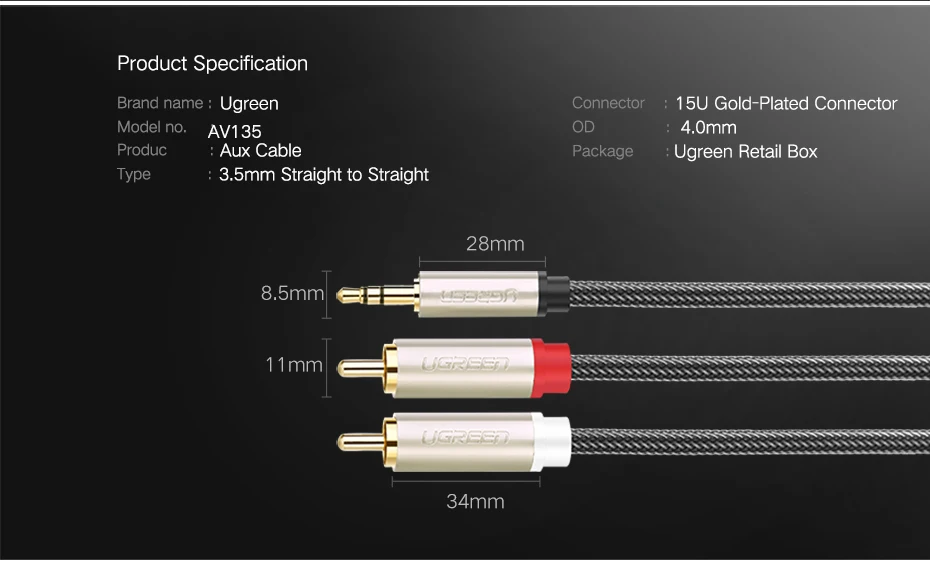 Ugreen RCA Audio Cable 2RCA Male to 3.5mm Jack to 2 RCA AUX Cable Nylon Braided Splitter Cable for Home Theater iPhone Headphone 15