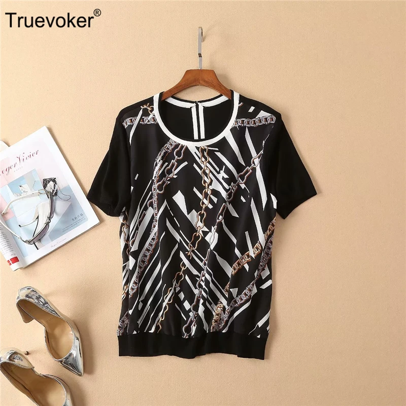 Truevoker Summer Runway Designer Silk Tee Shirt Women's Short Sleeve Vintage Chain Printed Knitting Patchwork Top T-shirt
Truevoker Summer Runway Designer Silk Tee Shirt Women's Short Sleeve Vintage Chain Printed Knitting Patchwork Top T-shirt