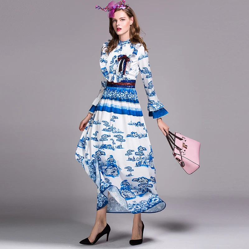 Women Fashion Classic Summer Blue and White Porcelain Chinese Style Flare Sleeve Sequined Maxi Long Plus Size Dress High Quality
Women Fashion Classic Summer Blue and White Porcelain Chinese Style Flare Sleeve Sequined Maxi Long Plus Size Dress High Quality