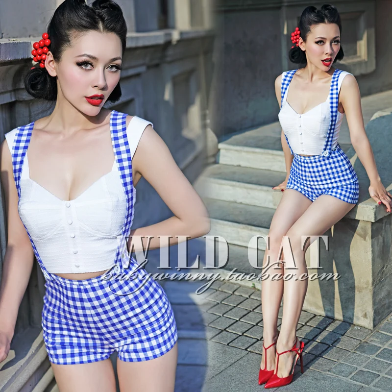 FREE SHIPPING Wild cat limited pin up sweet all-match blue white plaid slim high waist hip bib pants
FREE SHIPPING Wild cat limited pin up sweet all-match blue white plaid slim high waist hip bib pants
