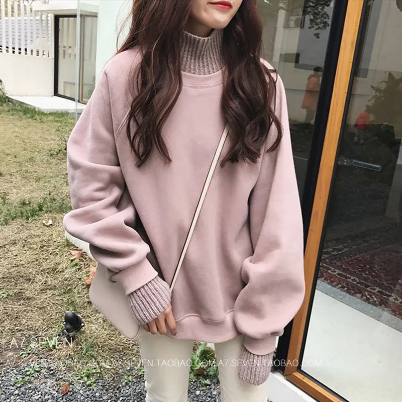 Autumn winter Simple fake two Sweatshirt casual plus velvet thick high collar loose thin solid color Cotton liner pulloverFemale 
Autumn winter Simple fake two Sweatshirt casual plus velvet thick high collar loose thin solid color Cotton liner pulloverFemale