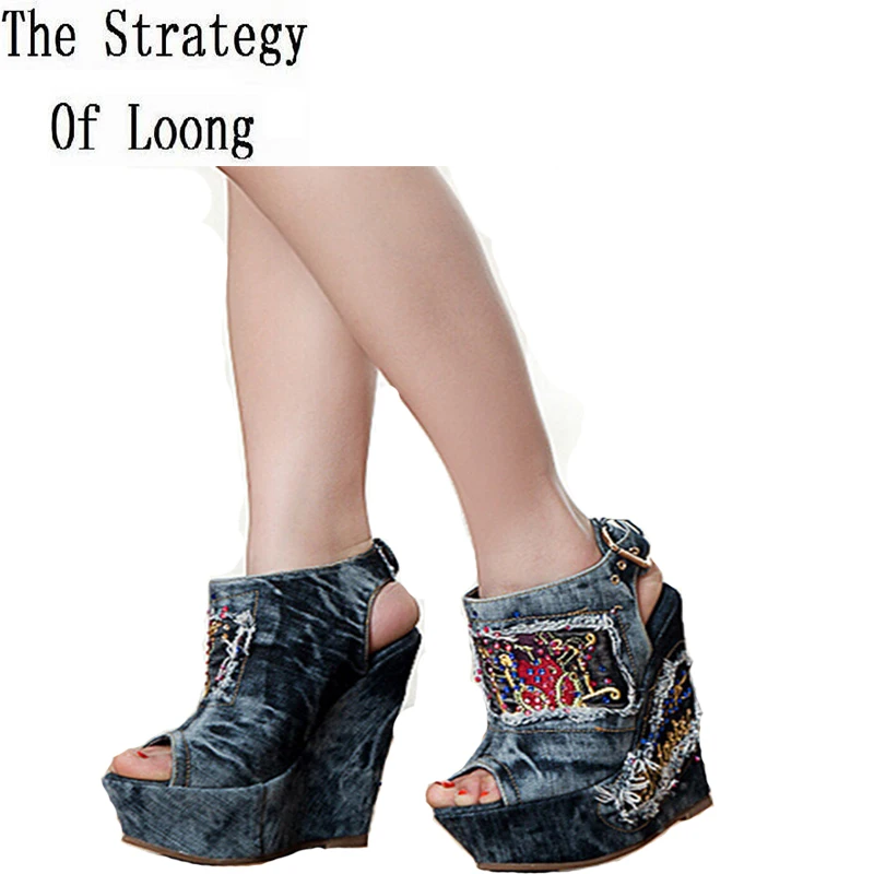 Summer High Heels Open The Toe Denim Women Sandals Fashion Brand Wedges Peep Toe Rhinestone Ankle Shoes SXQ0602
Summer High Heels Open The Toe Denim Women Sandals Fashion Brand Wedges Peep Toe Rhinestone Ankle Shoes SXQ0602
