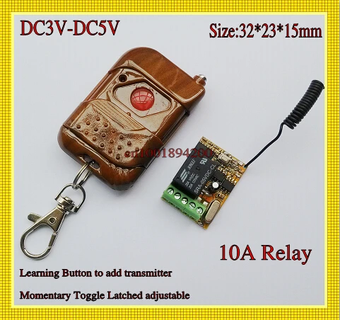5V DC Wireless Remote Control Switch Transmitter and Receiver 1CH Mini Size Learning Code Momentary Toggle Latched 315/433MHZ 
5V DC Wireless Remote Control Switch Transmitter and Receiver 1CH Mini Size Learning Code Momentary Toggle Latched 315/433MHZ
