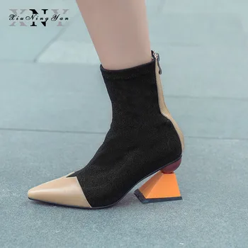 XiuNingYan Women Sock Boots Stretch Fabric Pointed Toe Genuine Leather Zipper Ankle Boots Women Pumps Stiletto Botas Mujer
XiuNingYan Women Sock Boots Stretch Fabric Pointed Toe Genuine Leather Zipper Ankle Boots Women Pumps Stiletto Botas Mujer
