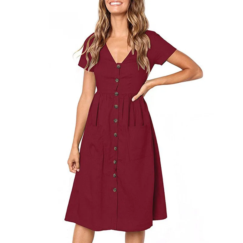 Elegant Dresses For Girls Ladies Women Midi Dress Button Pocket V Neck Vintage Dress Short Sleeve 2019 New Beach Party Dress
Elegant Dresses For Girls Ladies Women Midi Dress Button Pocket V Neck Vintage Dress Short Sleeve 2019 New Beach Party Dress