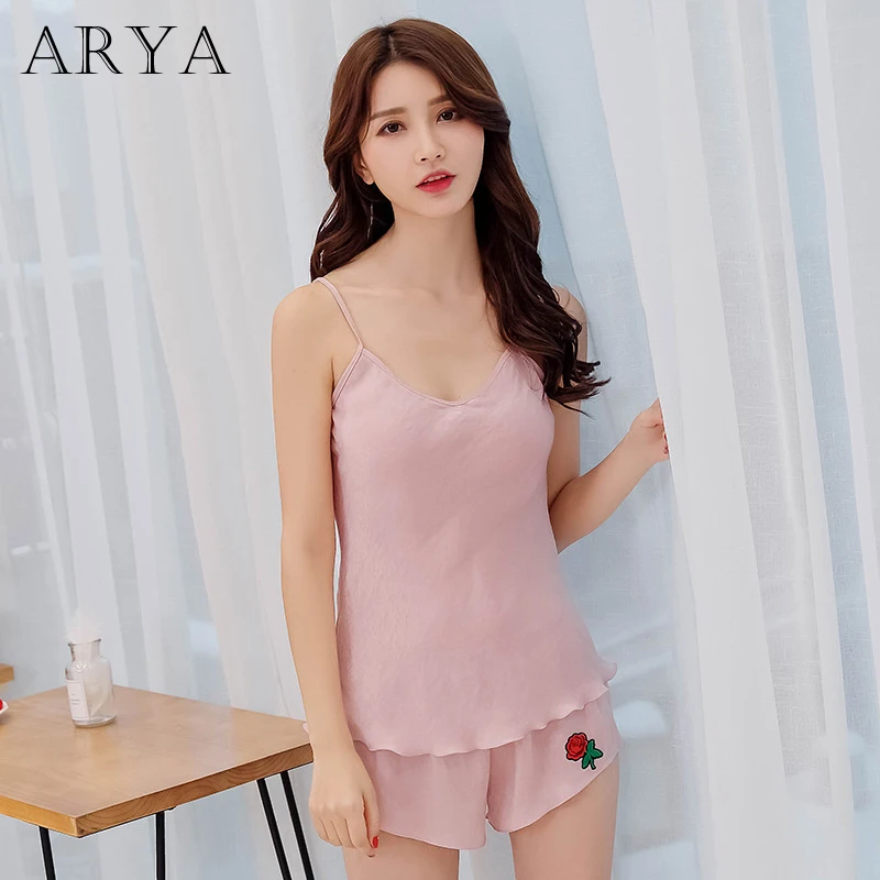 Arya Women Summer Sleepwear Ladies Shorts Sexy Pajamas Sets Solid Strap Top Shorts Satin Pajama Loose Female Nightwear Suits 
Arya Women Summer Sleepwear Ladies Shorts Sexy Pajamas Sets Solid Strap Top Shorts Satin Pajama Loose Female Nightwear Suits