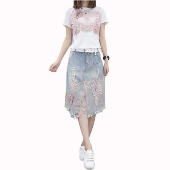 Summer Skirt Suit Women Fashion Embroidery Appliques Lace Short Sleeve Cotton T-Shirt+Lady Lace Holes Denim Skirt 2 Piece Sets
Summer Skirt Suit Women Fashion Embroidery Appliques Lace Short Sleeve Cotton T-Shirt+Lady Lace Holes Denim Skirt 2 Piece Sets