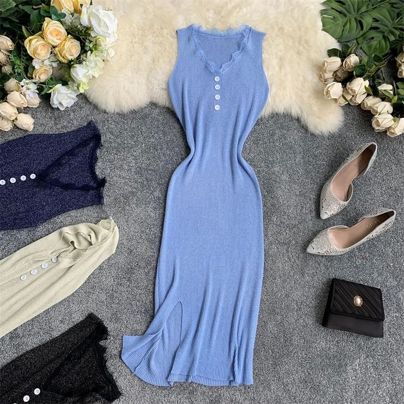 Chic Retro Ice Silk Elastic Knitted V-collar Stitching Button-wrapped Hip Split Dress Women Elegant Vestidos F261
Chic Retro Ice Silk Elastic Knitted V-collar Stitching Button-wrapped Hip Split Dress Women Elegant Vestidos F261