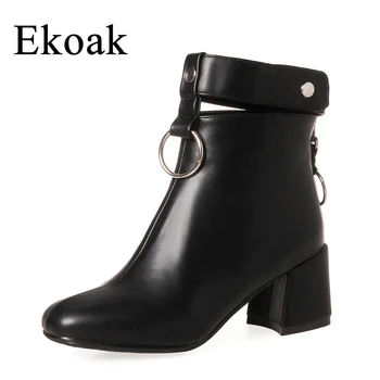 Ekoak New 2017 Autumn Ankle Boots Female Fashion Zip Motorcycle Boots Women Leather Rubber Boots Ladies High Heels Shoes Woman