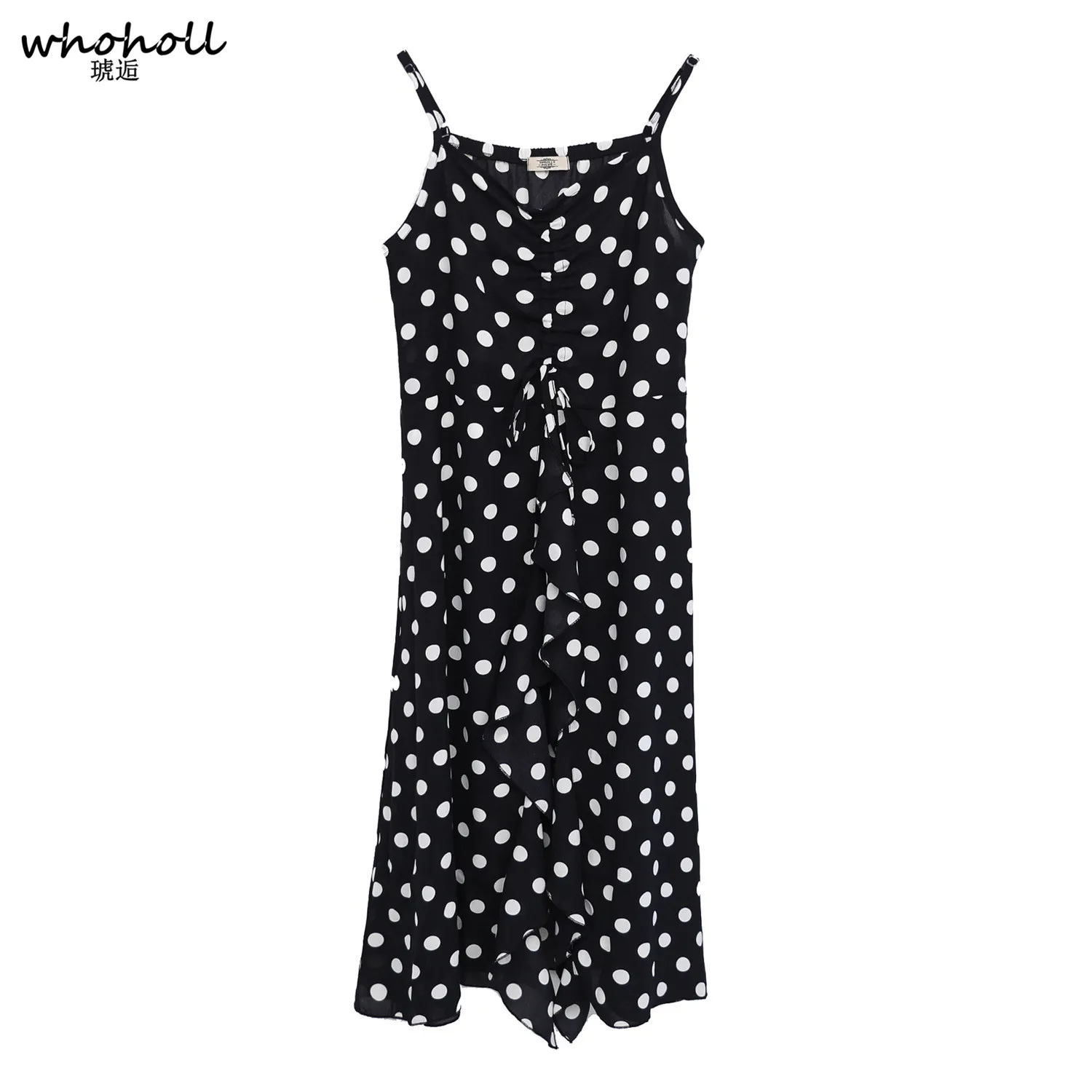 

WHOHOLL Plus Size Straps Sleeveless Polka Dots Dress Vintage Drawstring Front Ruffle Dress Women Summer Elegant Long Dresses