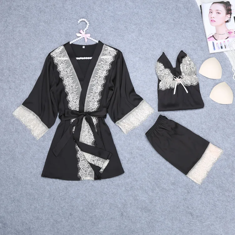Women Sexy Silk Satin Robe Set Lace 3 Pieces Set Robe+Top+Short Summer Sleepwear Set Fashion Nightwear Soft Home Clothing
Women Sexy Silk Satin Robe Set Lace 3 Pieces Set Robe+Top+Short Summer Sleepwear Set Fashion Nightwear Soft Home Clothing