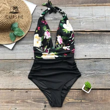 Cupshe flora impressão borboleta shirring maiô de uma peça mulher halter profundo decote em v sem costas sexy bodysuits monokinis banho(China)