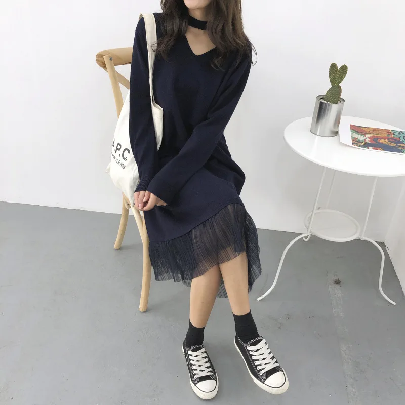 New Korean Elegant Sweet Long Dresses Women Fashion V Neck Solid Color Long Sleeve Mesh Design Knitwear Female Autumn Dress
New Korean Elegant Sweet Long Dresses Women Fashion V Neck Solid Color Long Sleeve Mesh Design Knitwear Female Autumn Dress