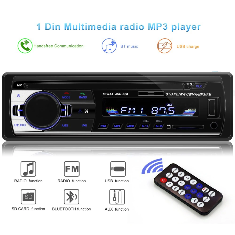 Bluetooth V2.0 JSD 520 oto teypleri Авто Стерео Автомагнитола 1din 12V In dash 1 Din FM Aux SD USB MP3