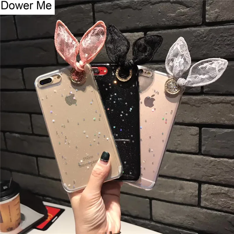 

Dower Me Korea Fashion Cute Diamond Lace Bowknot Bling Glitter Stars Soft TPU Phone Case Cover For iPhone X 8 7 6 6S Plus