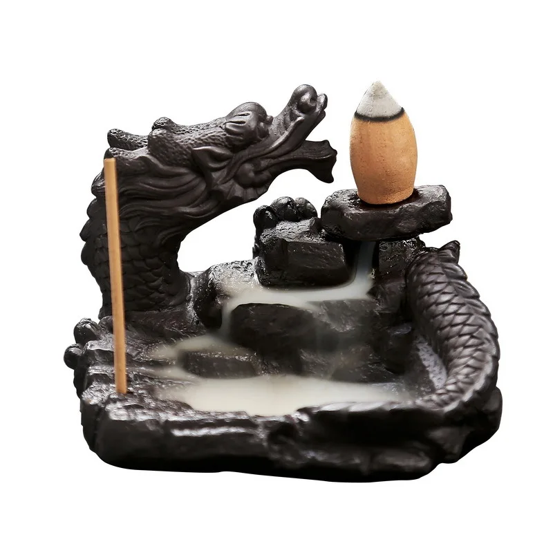 

Dragon Incense Holder Smoke Backflow Lotus Burner Zen Cone Censer Mini Office Desk Home Decor Teahouse Ornament with 10pc Cones