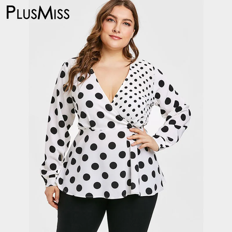 

PlusMiss Plus Size XXXXXL Polka Dot Print Sexy V Neck Tops XXXXL XXXL XXL Women Long Sleeve Fashion Blouse White Autumn Big Size