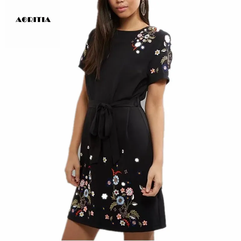 Summer O-neck Floral Embroidery Dresses Black Short-sleeve Dress Robe Femme ete 2019
Summer O-neck Floral Embroidery Dresses Black Short-sleeve Dress Robe Femme ete 2019