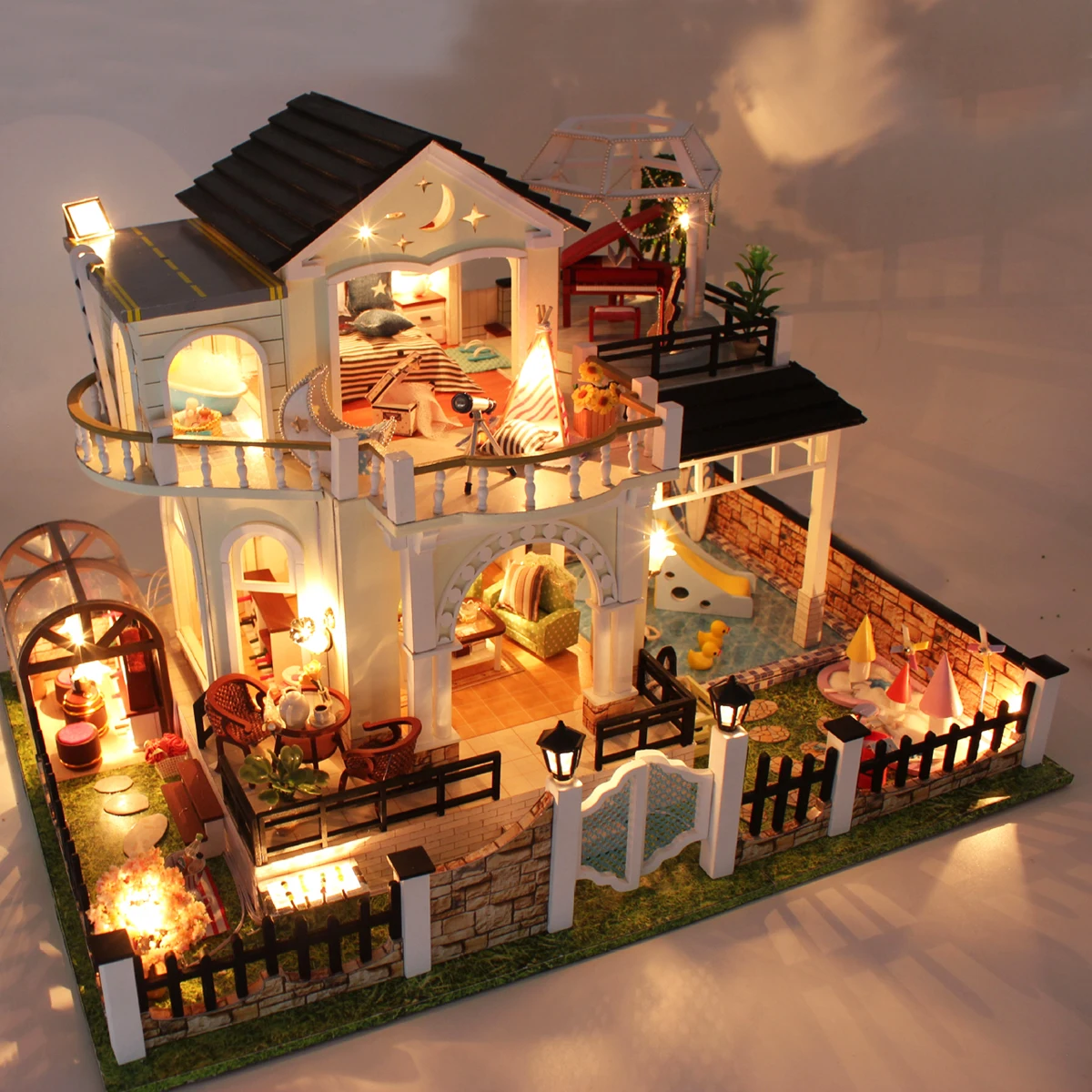 Dream Large Villa DIY Wood Dollhouse Light Miniature Furniture Kit Handcraf Gift