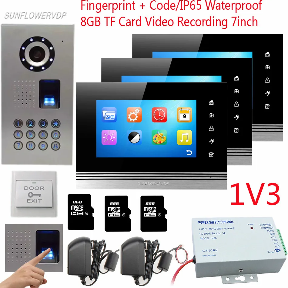 1v3 Fingerprint Keypad Recording Video Intercom System IP65 Waterproof Door Bell Camera 7" Color 8GB TF Memory Card Video-Eye
1v3 Fingerprint Keypad Recording Video Intercom System IP65 Waterproof Door Bell Camera 7" Color 8GB TF Memory Card Video-Eye
