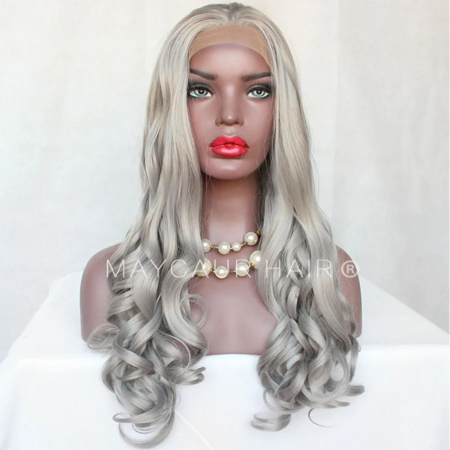 _0005_Maycaur Body Wave Wigs Plain Gray Color 180 Density Long Wave Synthetic Lace Front Wigs For Black Women Grey Hair