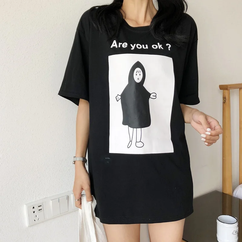 Women's Casual O Neck Black Tshirt Femme Cartoon and Letter Print Short Sleeve Loose Pullover Long T-Shirt
Women's Casual O Neck Black Tshirt Femme Cartoon and Letter Print Short Sleeve Loose Pullover Long T-Shirt