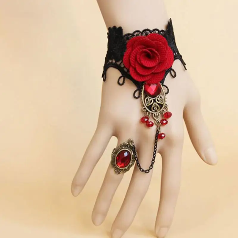 Elegant Gothic Style Lace Red Rose Bracelet Jewellery with Adjustable Finger Ring Bride Weeding Alloy Costume Beads Jewelry Sets
Elegant Gothic Style Lace Red Rose Bracelet Jewellery with Adjustable Finger Ring Bride Weeding Alloy Costume Beads Jewelry Sets