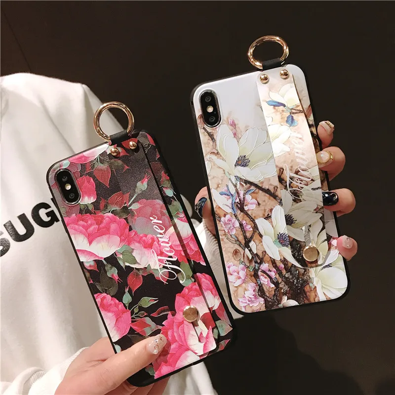 Wrist Strap Soft TPU Phone Cases For iphone X Xs max XR Case Phone Holder Cover For iphone 6 6s 7 8 plus Rose Flower Pattern (10)