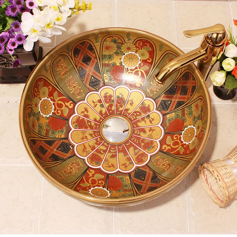 Colourful Handmade Europe Vintage Style Lavobo Ceramic Bathroom Countertop Bathroom Sink hand painted porcelain sink (5)