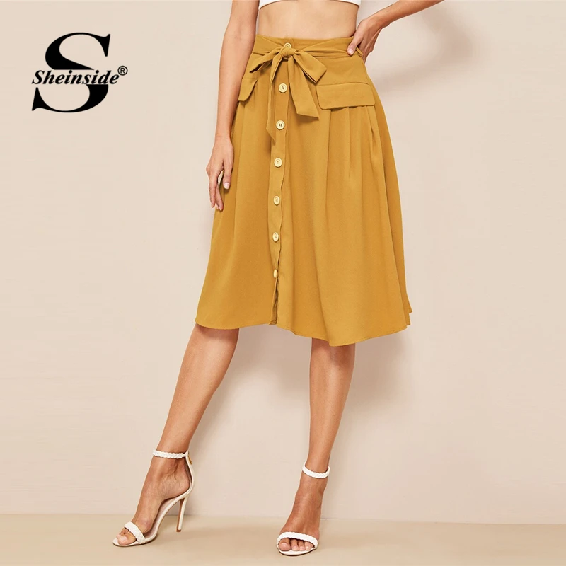 

Sheinside Casual Button Detail Pleated Skirt Women 2019 Summer Double Pocket Midi Skirts Ladies Solid Belted A Line Skirt