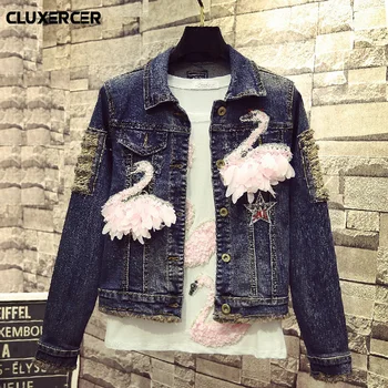 Spring Autumn casaco feminino Women's Pink Swan Embroidered Denim Jacket Long Sleeve Hole Ripped Retro Jeans Coat Outwear
Spring Autumn casaco feminino Women's Pink Swan Embroidered Denim Jacket Long Sleeve Hole Ripped Retro Jeans Coat Outwear