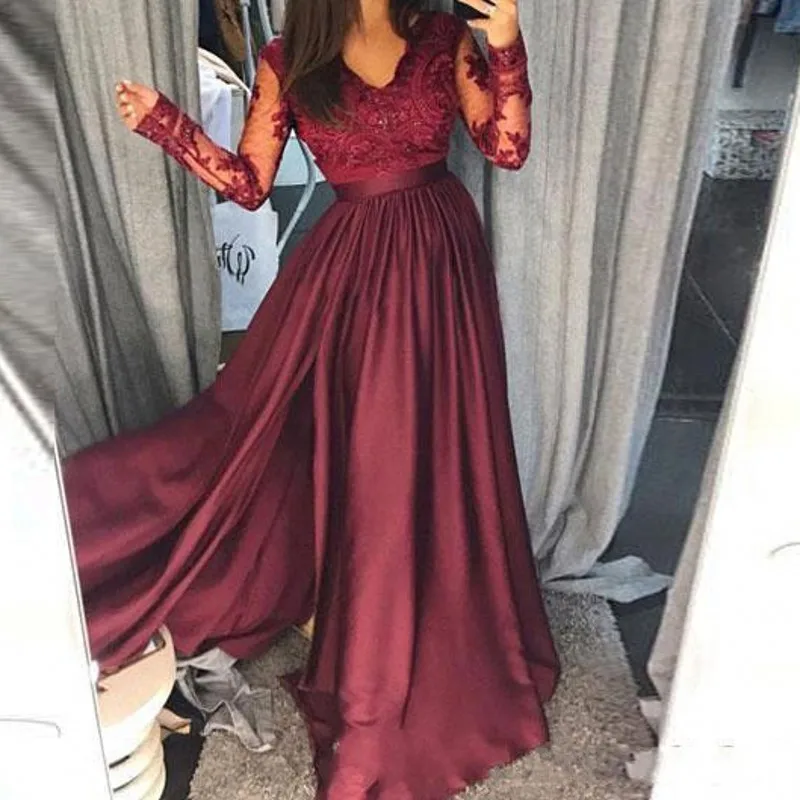 Burgundy Evening Gowns Full Sleeves abiye gece elbisesi Appliques Lace Bodice Elegant Formal Dresses Evening Dress A Line Long
Burgundy Evening Gowns Full Sleeves abiye gece elbisesi Appliques Lace Bodice Elegant Formal Dresses Evening Dress A Line Long