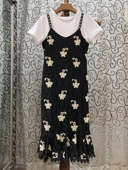 2018 fashion new women's short T-shirt strap embroidery spell lace two-piece runway lady elegant dress sundresses with T-shirt
2018 fashion new women's short T-shirt strap embroidery spell lace two-piece runway lady elegant dress sundresses with T-shirt
