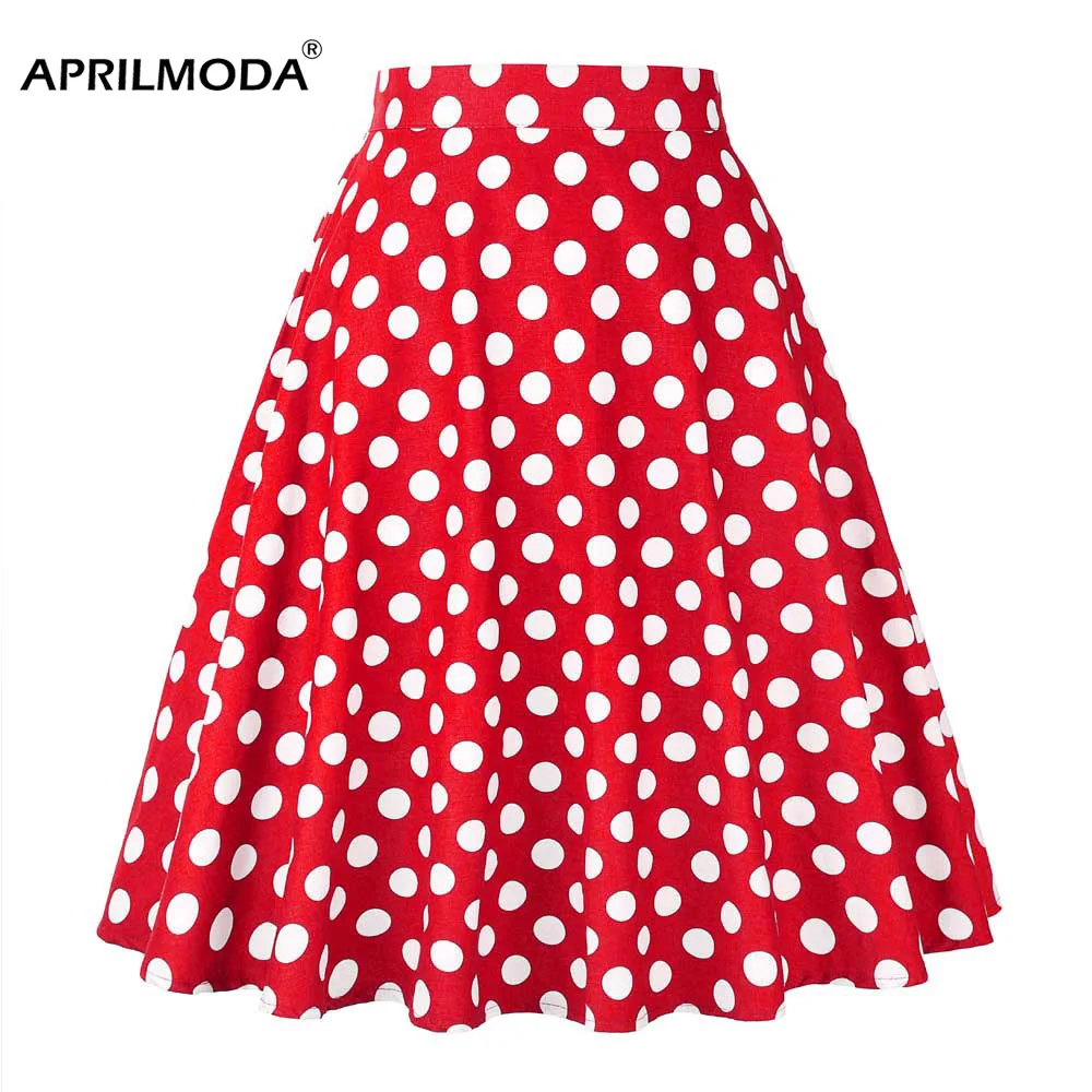 

Summer Midi Skater Skirt Runway Vintage Rockabilly Skirts Red Womens 2018 Sexy Pinup 50S 60S Cotton Polka Dot Pattern Skirts