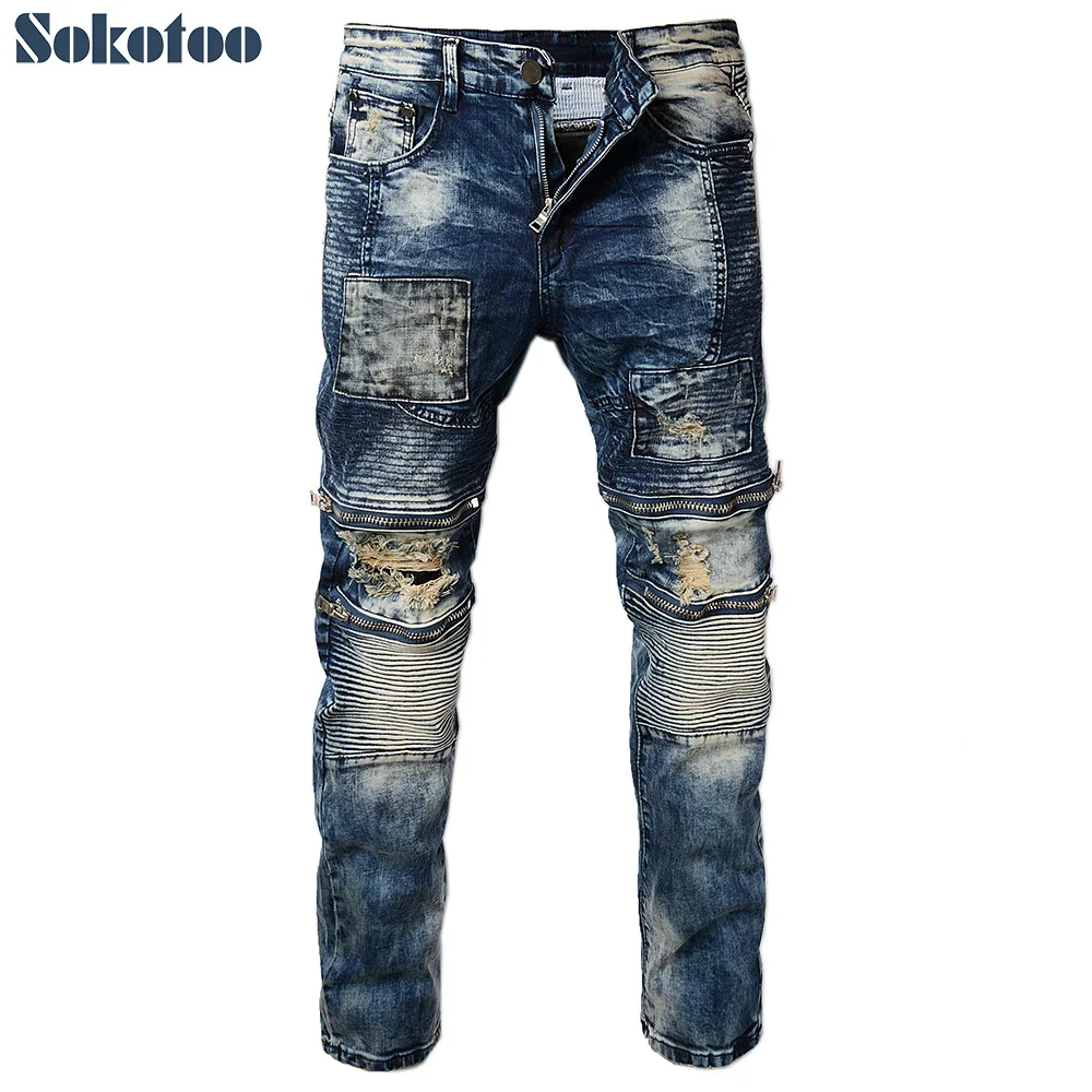 Special price Men's vintage pleated holes ripped biker jeans for motorcycle Patch zipper distressed washed denim pants Size 36
Special price Men's vintage pleated holes ripped biker jeans for motorcycle Patch zipper distressed washed denim pants Size 36