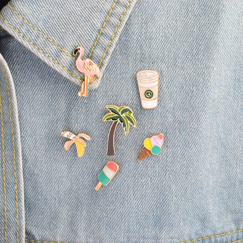 Image 6 pcs set Cartoon Palm tree Flamingo Ice cream Popsicles Banana Coffee cups Brooch Pins Button Bag Jacket Collar Badge Jewelry