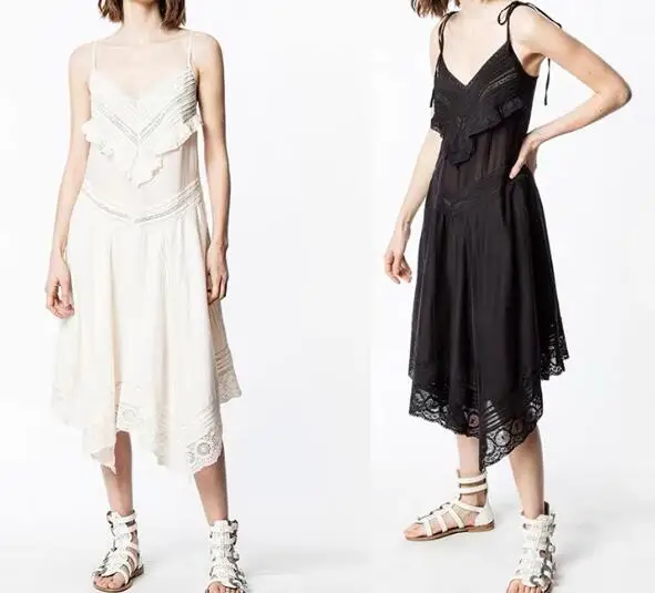 Woman Ruffled lace embroidered cotton Strappy Midi dress Asymmetric Hem Sleeveless V-neck
Woman Ruffled lace embroidered cotton Strappy Midi dress Asymmetric Hem Sleeveless V-neck