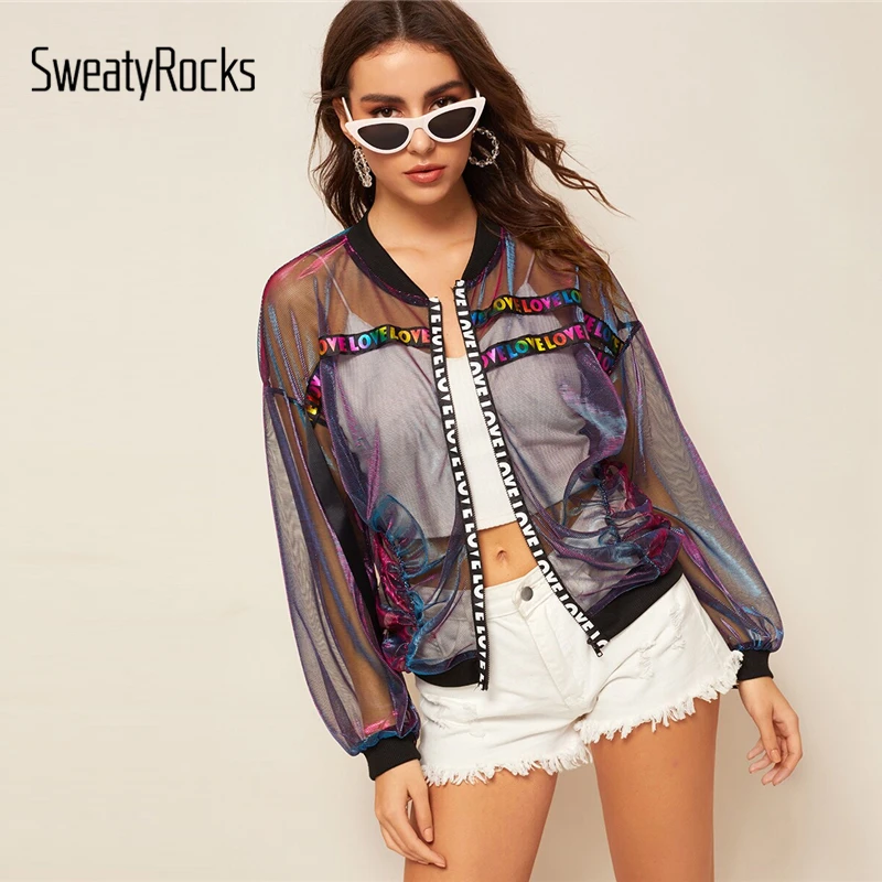 SweatyRocks Letter Tape Metallic Mesh Jacket Streetwear Women Sheer Bomber Jackets 2019 Spring Casual Activewear Coats And Tops
SweatyRocks Letter Tape Metallic Mesh Jacket Streetwear Women Sheer Bomber Jackets 2019 Spring Casual Activewear Coats And Tops
